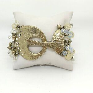 Vintage Gold-Tone Textured Clasp Bracelet With Acrylic Rhinestones Multi-Strand